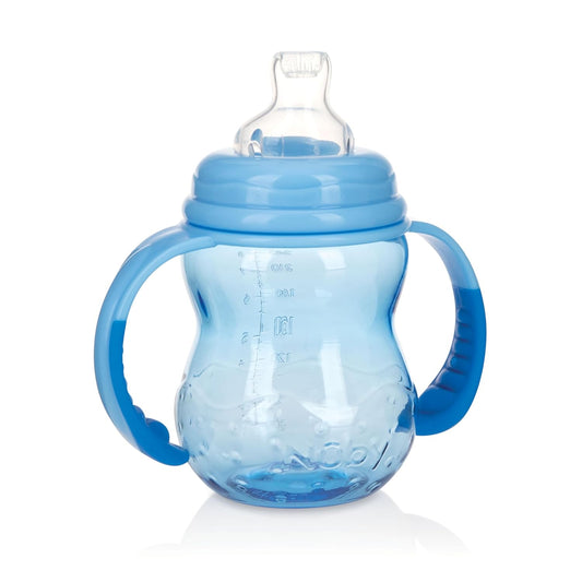 Nuby 3 in 1 Baby Bottle to Training Sippy Cup - 8 Oz Toddler Cups Spill Proof with Soft Spout, Nipple & Removable Grip Handles - Dishwasher Safe - Blue