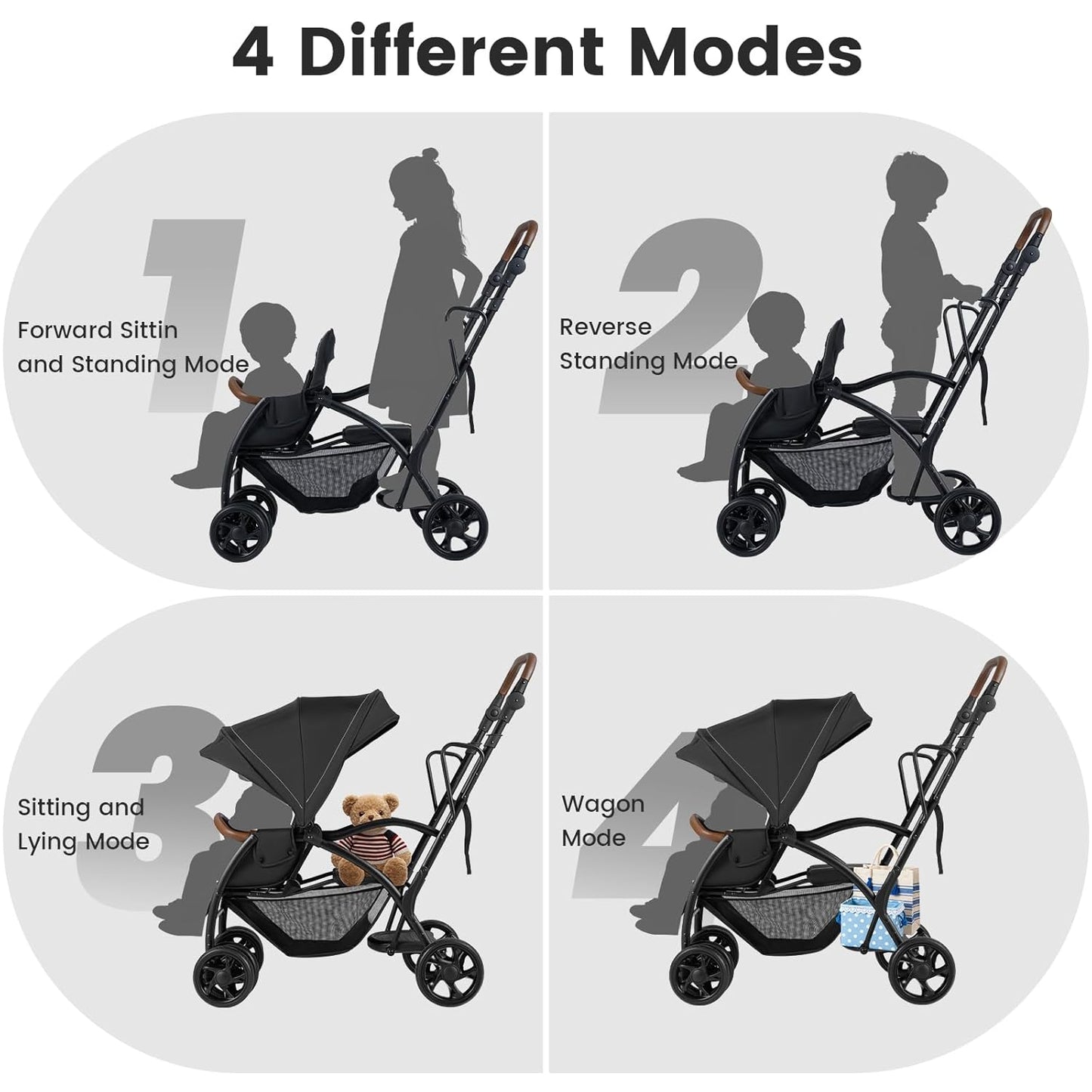 INFANS Sit and Stand Double Stroller, Foldable Tandem with Standing Platform Reclining Backrest, Adjustable Handlebar and Footrest, Storage Basket 5-Point Harnesses, Baby Pushchair for Toddlers