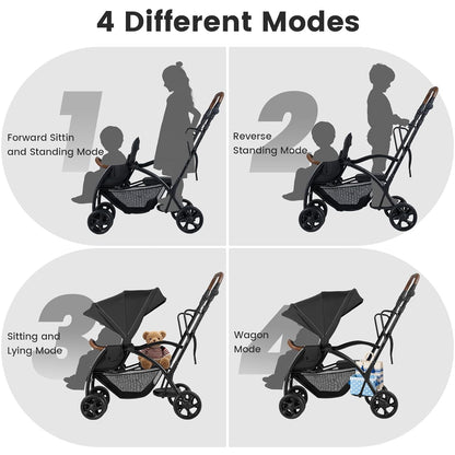 INFANS Sit and Stand Double Stroller, Foldable Tandem with Standing Platform Reclining Backrest, Adjustable Handlebar and Footrest, Storage Basket 5-Point Harnesses, Baby Pushchair for Toddlers