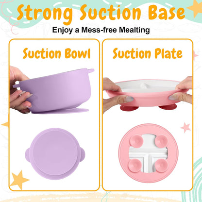Teenyyou 9 Pcs Porcelain Kids Plates and Bowls Feeding Set with Suction, Ceramic Baby Toddler Divided Plates Silicone Sleeve Bowls Forks Spoons Cup Bib Microwave Dishwasher Safe(Pastels)