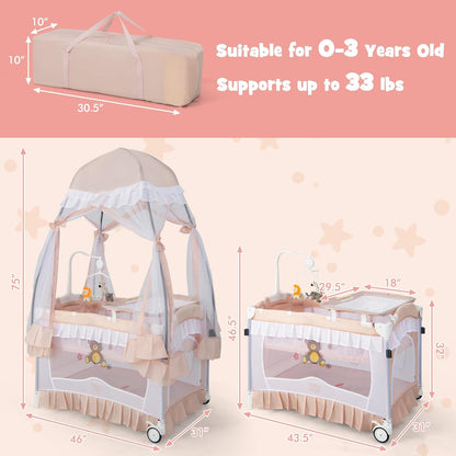BABY JOY 4 in 1 Pack and Play with Canopy, Portable Baby Playard with Bassinet, Double-Layer Baby Crib, Wheels & Brake, Foldable Baby Girl Pink Princess Bassinet from Newborn to Toddler