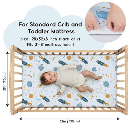 Yoofoss Baby Crib Sheets for Boys Girls, Fitted Crib Sheet 2 Pack for Standard Crib and Toddler Mattress, Super Soft Microfiber Baby Sheet 28x52x8in(Blue Rocket)