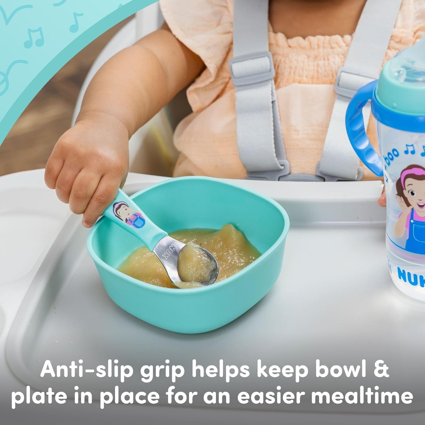 NUK Silicone Baby Tableware Bundle, Includes 1 Plate, 1 Bowl, 1 Cup, & 1 Spoon, Durable Suction Feature Helps Reduce Spills, Microwave-Safe, BPA-Free