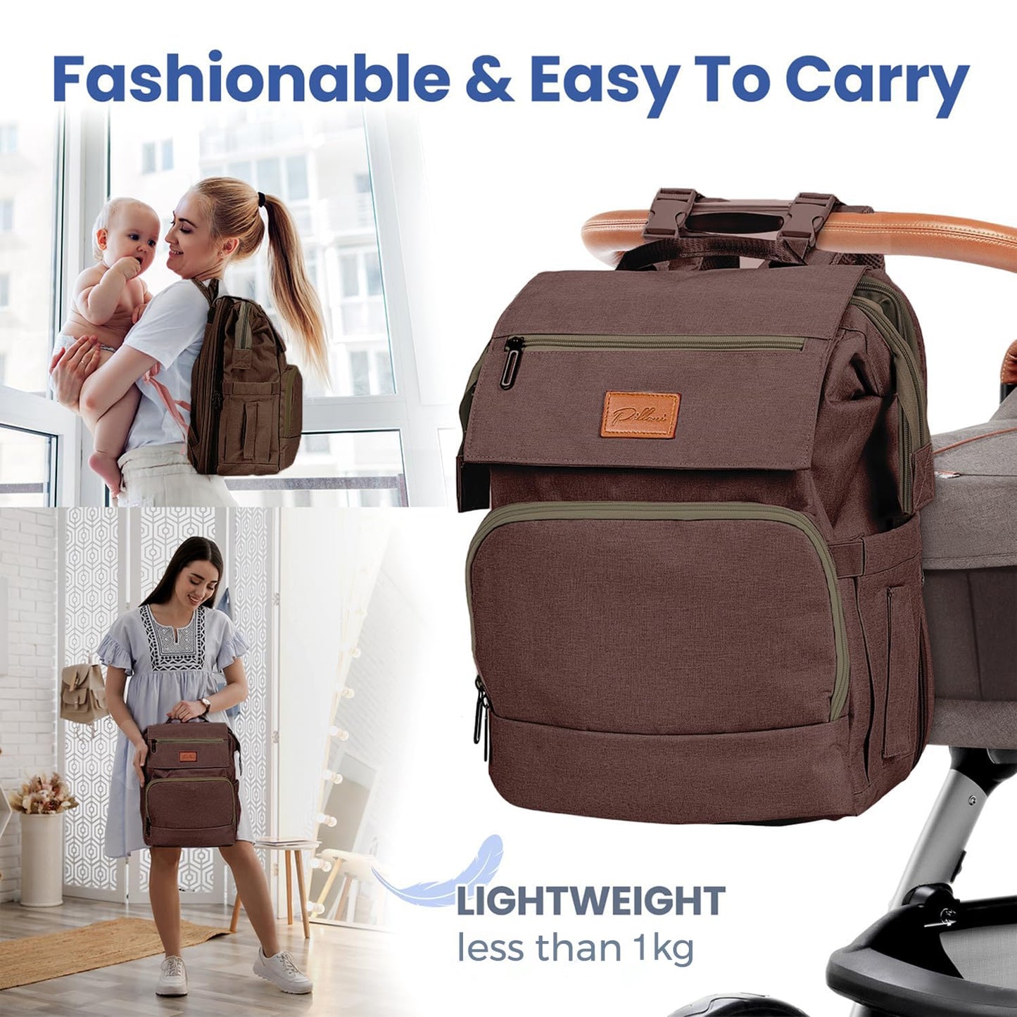 PILLANI Baby Diaper Bag Backpack - Large Waterproof Travel Diaper Bag for Boys & Girls, 16 Organizer Pockets with Changing Pad, Insulated Bottle Pockets & Stroller Straps, Baby Shower Gifts, Dinosaur