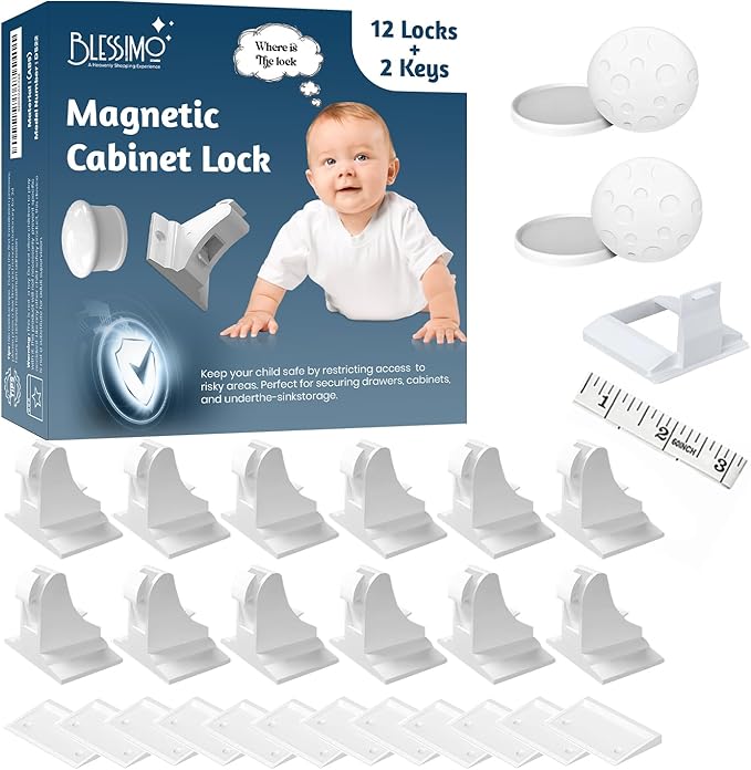 Blessimo® 12 Pack Magnetic Cabinet Locks Baby Proofing with 12 locks and 2 Keys - Child Locks For Kitchen, Cabinets and Drawers - 3M Adhesive Easy Installation