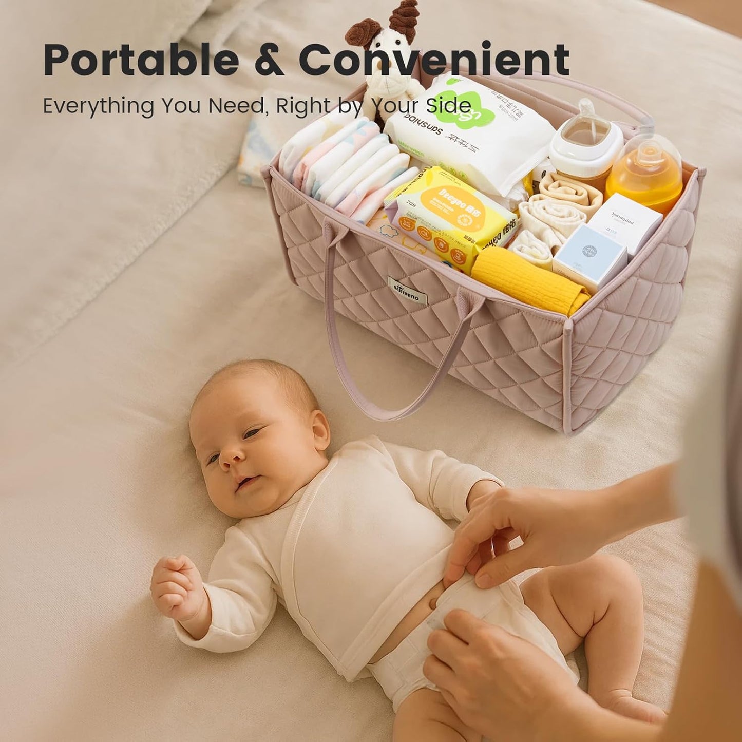 SUNVENO Quilted Diaper Caddy Organizer, Soft Padded Baby Diaper Caddy with Removable Dividers, Large Nursery Storage Basket for Diapers, Wipes and Baby Essentials, Portable Nursery Organizer, Brown