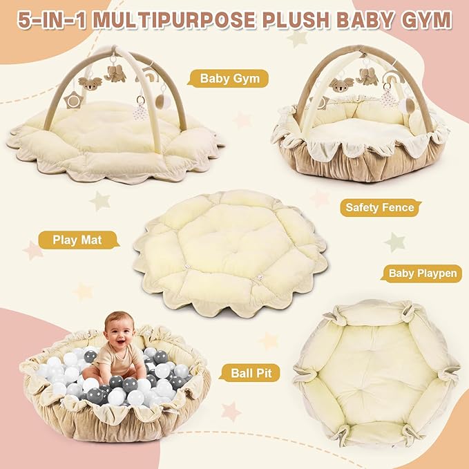 5-in-1 Baby Activity Gym & Play Mat with 6 Hanging Toys, Tummy Time Mat & Cards - Extra Large, Reversible Machine Washable Pad - Gift for Newborns, Infants 0-12 Months, Cream