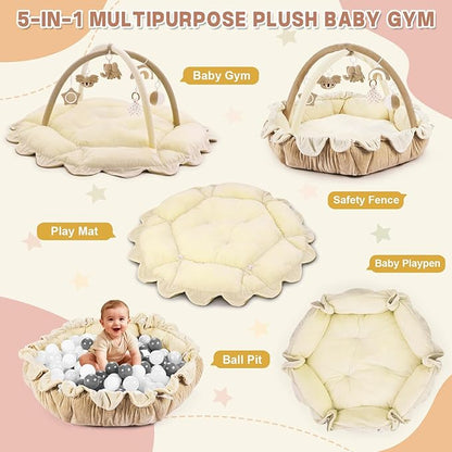 5-in-1 Baby Activity Gym & Play Mat with 6 Hanging Toys, Tummy Time Mat & Cards - Extra Large, Reversible Machine Washable Pad - Gift for Newborns, Infants 0-12 Months, Cream