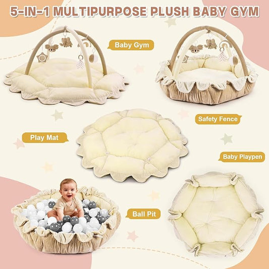 5-in-1 Baby Activity Gym & Play Mat with 6 Hanging Toys, Tummy Time Mat & Cards - Extra Large, Reversible Machine Washable Pad - Gift for Newborns, Infants 0-12 Months, Cream