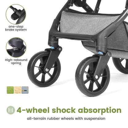 Compact Baby Stroller, Travel Toddler Seat Pushchair with Shock Absorbing Wheels, Foldable Infant Stroller with Canopy, One Button Brake, Convertible Infant Stroller for Toddler (Dark Grey)