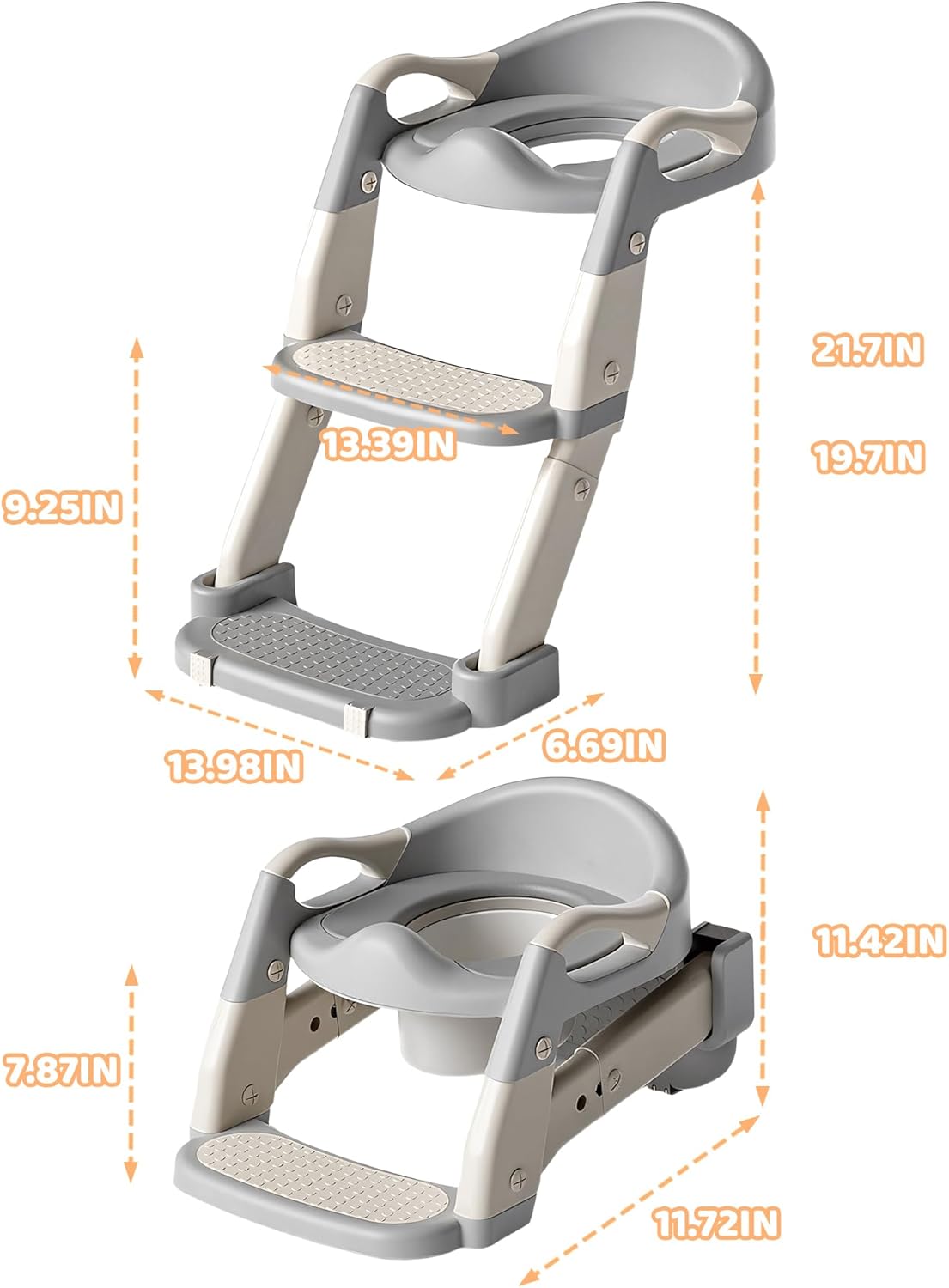 3-in-1 Potty Training Seat & Training Toilet & Potty Chair, Height AdjustableToddler Toilet Seat for Kids, Foldable Potty Training Toilet with Splash Guard & Anti-Slip Steps (Gray)