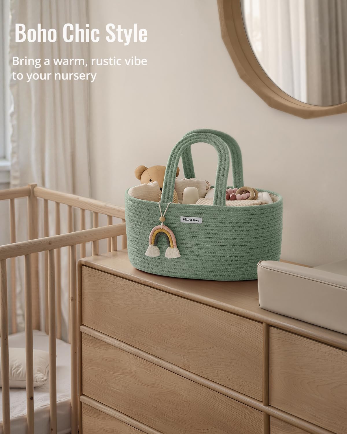Blissful Diary Baby Diaper Caddy Organizer, Cotton Rope Diaper Caddy Basket, Large Storage Basket for Newborn Boys and Girls, Gift for Baby Shower List, Newborn Essentials, Earthy Rainbow