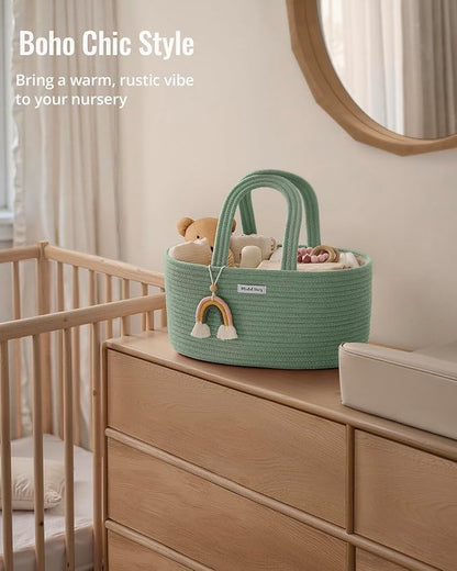 Blissful Diary Baby Diaper Caddy Organizer, Cotton Rope Diaper Caddy Basket, Oval Storage Basket, Gift for Baby Shower, Newborn Essentials, Green
