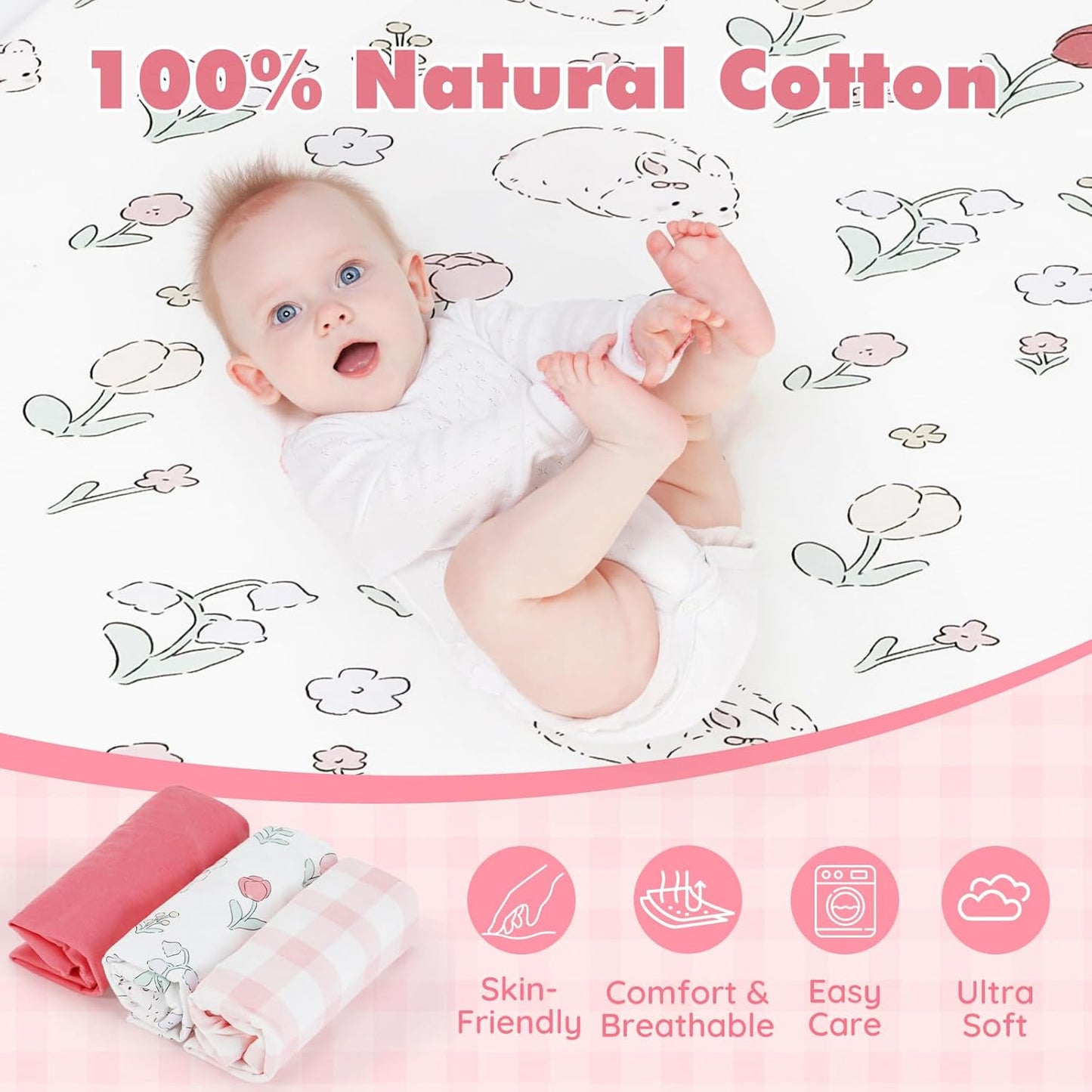 3 Pack Cotton Bassinet Sheets - 35"x19" for Newton, Ezebaby, Evolur Stellar, AMKE 3 in 1 Bedside Sleeper, Ultra Soft & Skin Friendly Bassinet Fitted Sheets, Pink Flower
