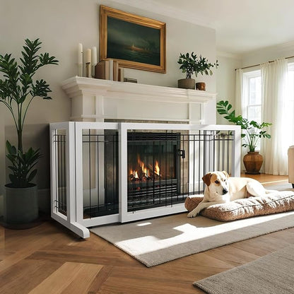 Bonnlo Free Standing Dog Gate, 37" - 68" Wide Pet Gate for Fireplace Stairs Doorways, Wooden Adjustable Pet Fence Indoor, Christmas Tree Gate (White)