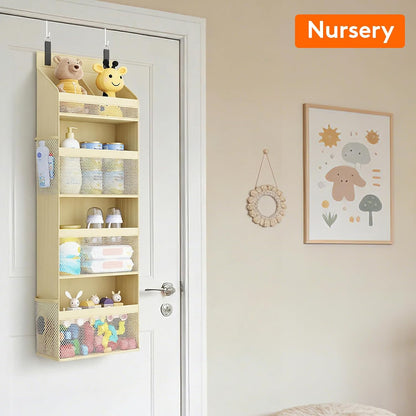 Lifewit 4 Tier Over the Door Diaper Organizer for Nursery, Large Heavy Duty Hanging Storage with 4 Mesh Side Pockets, Sturdy Back of Door Shelf for Baby Stuff Toy in Pantry, Laundry, Bathroom, Gray