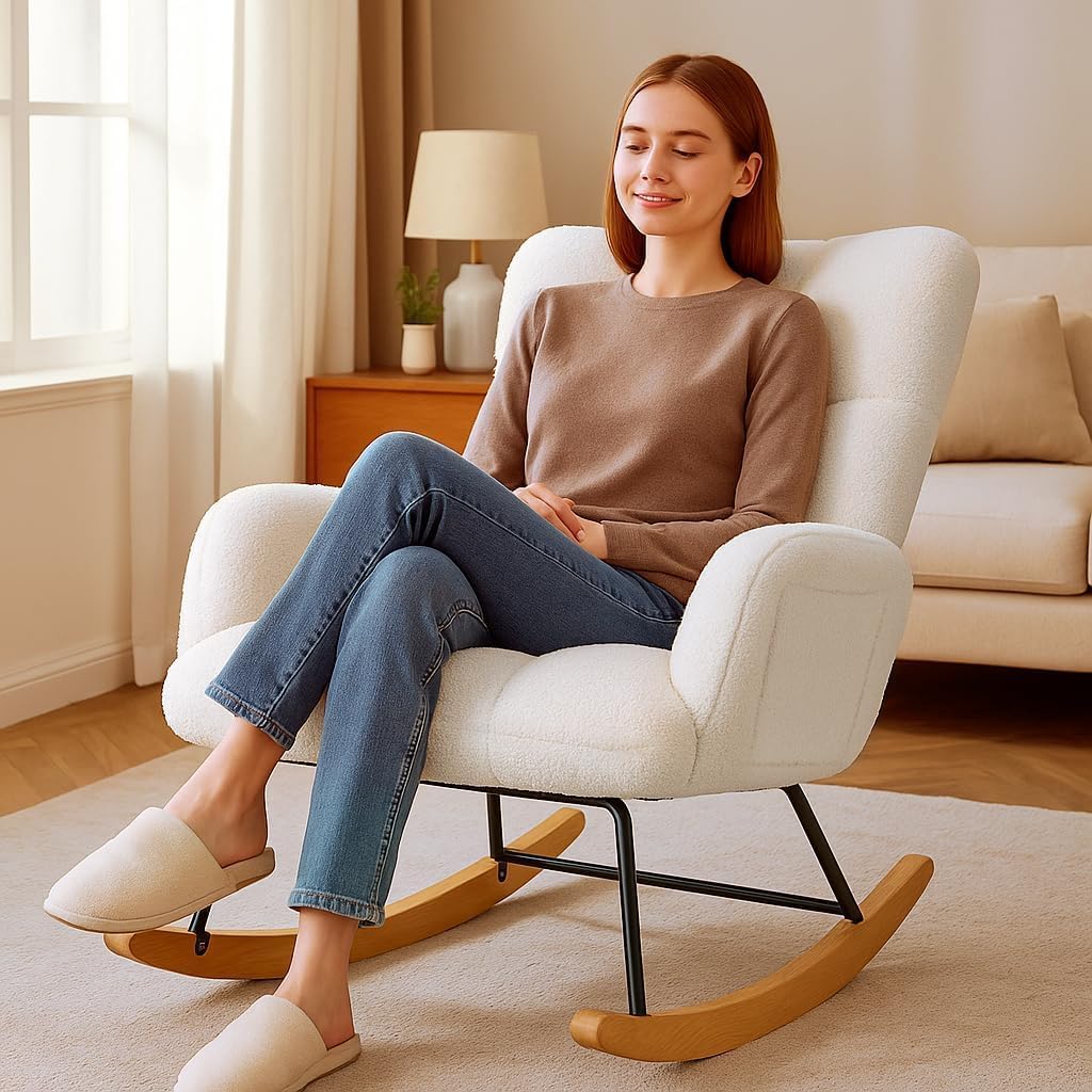 COMHOMA Nursery Rocking Chair with Ottoman,Teddy Glider Rocking Chair,Accent Chair with High Backrest Reading Chair for Adult,Nursery,Bedroom,Living Room,Offices(Beige with Ottoman)