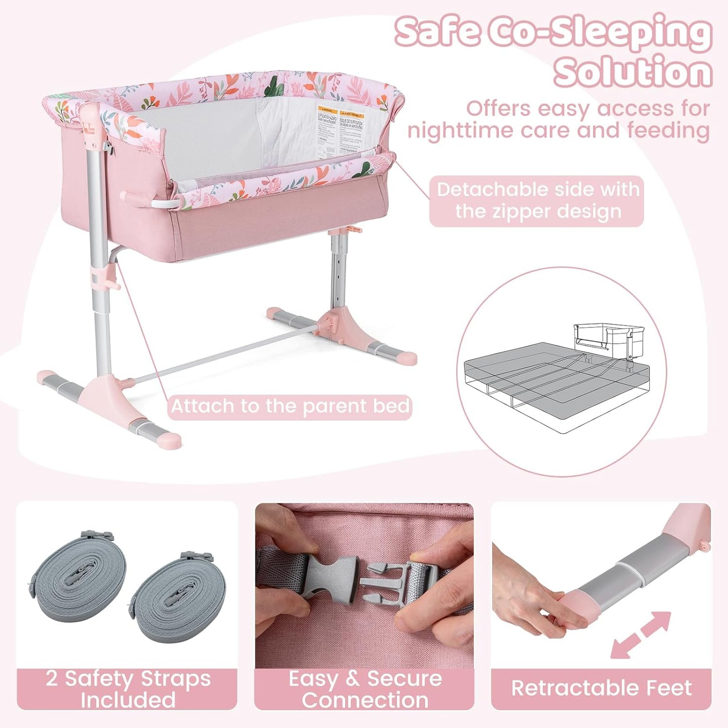 BABY JOY Baby Bedside Crib, Portable Travel Sleeper Bed Side Bassinet w/Carrying Bag, Newborn Bassinet to Infant, Kids Crib with Detachable Mattress, Height Adjustable Design, Breathable Mesh, Grey