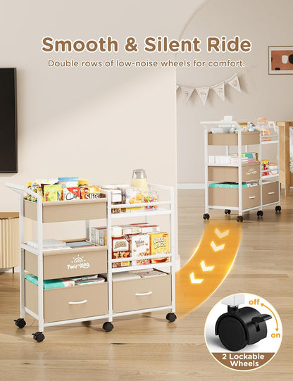 Twinkoo 2-in-1 Baby Diaper Caddy Organizer, 3 Tier Rolling Storage Cart with Dividers and Drawers, Baby Essentials for Nursery Storage, Mobile Utility Cart with Wheels Large Capacity Easy to Assemble