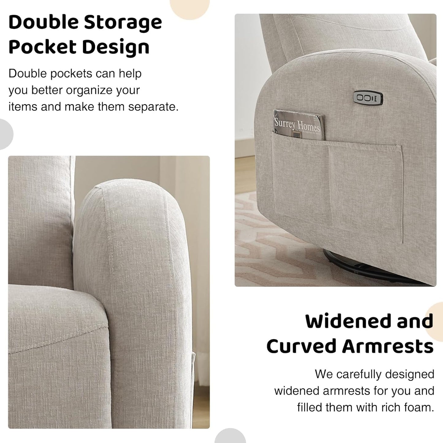 Swivel Rocker Recliner Chair, Rocking Recliner for Nursery with Side Pockets, Manual Swivel Reclining Nursery Glider Chair for Breastfeeding Living Room, Camel Chenille