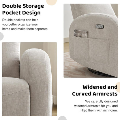 Swivel Rocker Recliner Chair, Rocking Recliner for Nursery with Side Pockets, Manual Swivel Reclining Nursery Glider Chair for Breastfeeding Living Room, Camel Chenille
