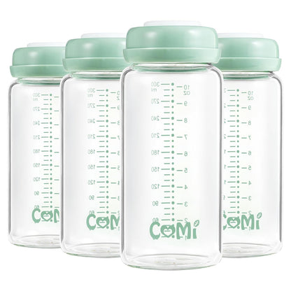 COMI Wide Neck Glass Breastmilk Collection n Storage Bottle, 4 Packs,10oz with Screw Ring Sealing Disk,Re-markable Sealing Disc,BPA Free,Fits Breast Pumps&Nipples(4 Green Lids)