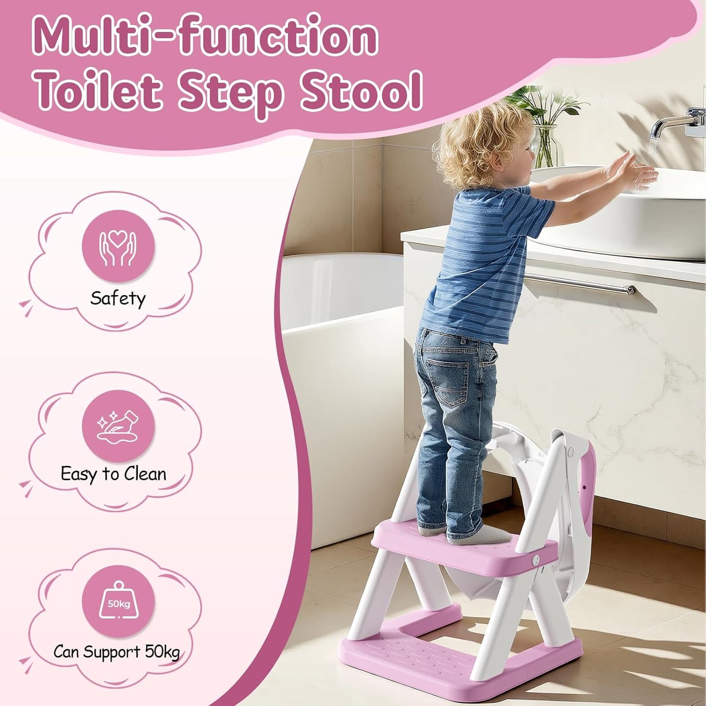 Potty Training Toilet Seat with Steps, 2-in-1 Toddler Toilet Seat for Boys Girls with Splash Guard Soft Anti-Slip Pad,Grey