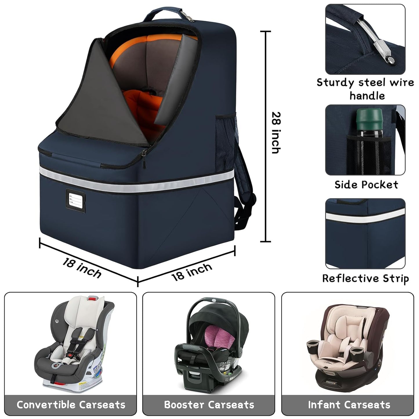 Car Seat Travel Bag,Padded Car Seats Backpack with Steel Cable Handle and Reflective Stripes, Large Durable Carseat Carrier Bag,Airport Gate Check Bag,Infant Seat Travel Bag with Shoulder Strap,Black