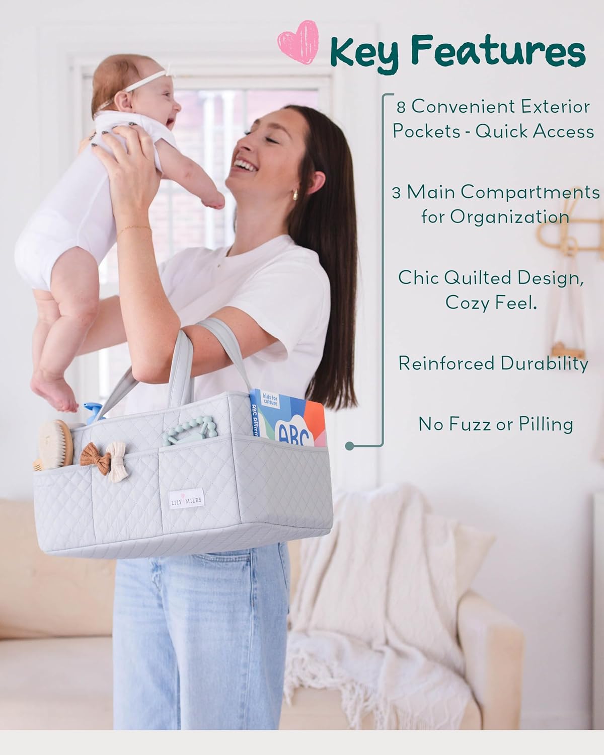 Lily Miles Baby Diaper Caddy Organizer, Quilted Nursery Storage Basket for Newborn Essentials and Diaper Changing Station, Gift for Baby Shower and Registry Must-Have (Willow Green)