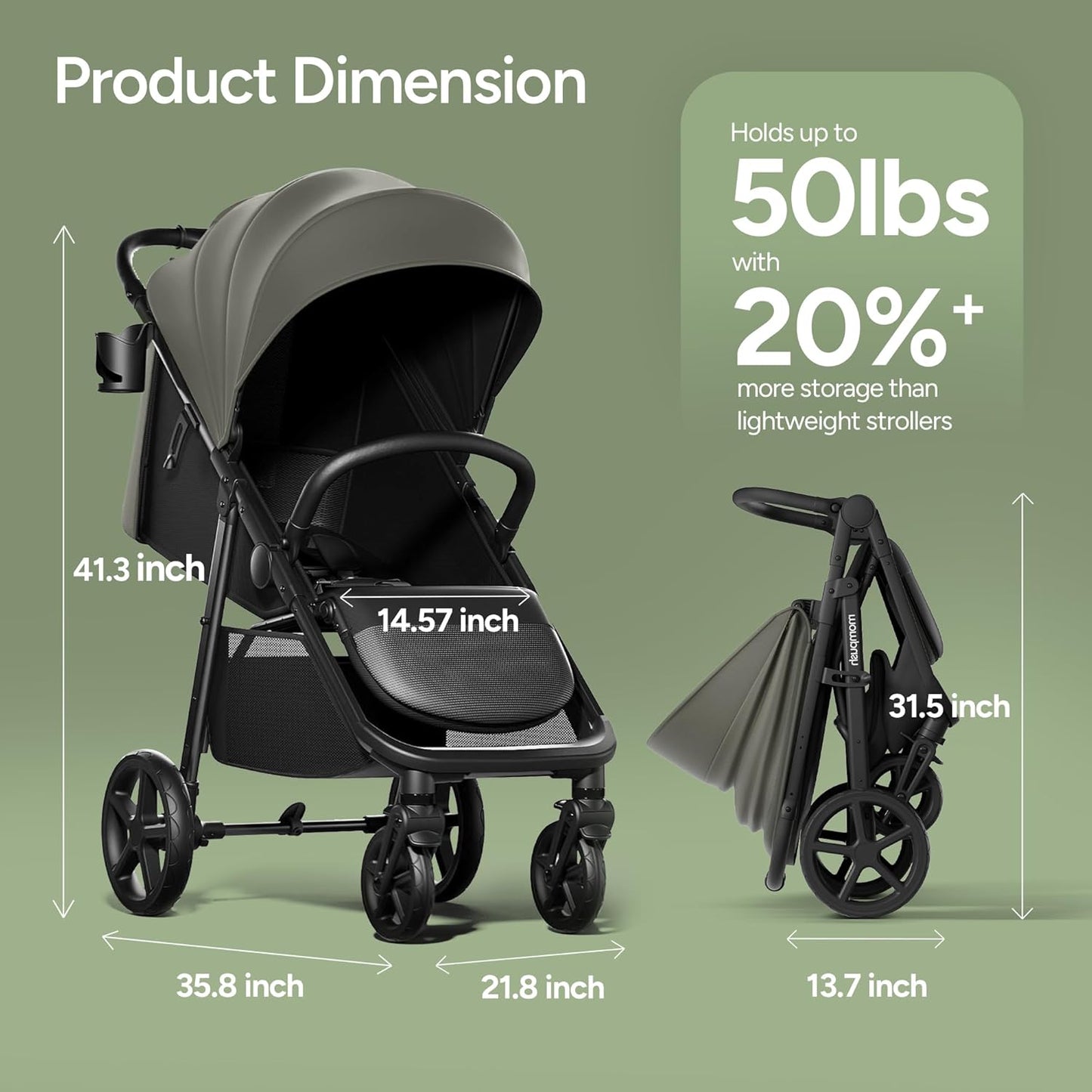 Mompush Nova Infant Baby Stroller for Newborn to Toddler, Oversized Seat up to 50 lbs, All-Terrain 10" Wheels & Suspension, One-Hand Fold; Lie-Flat Mode; UPF 50+ Canopy