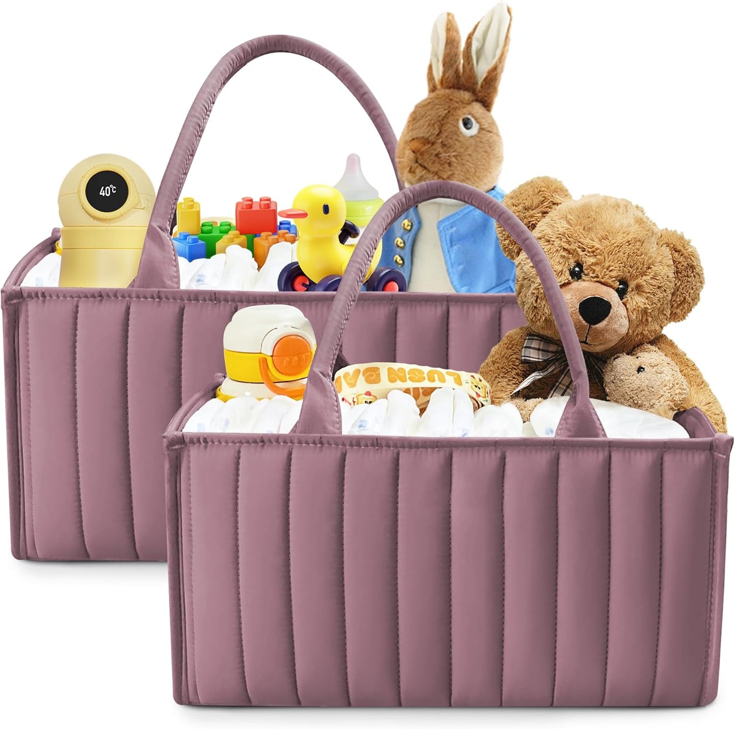 SWEET DOLPHIN 2-Pack Quilted Diaper Caddy Organizer – Premium Puffer Style Nursery Storage Bins – Water-Resistant & Wipeable Changing Table Organizer – Trendy Tote for Home & Car Travel - Mocha Brown