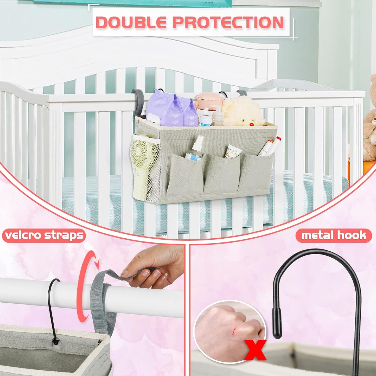Loghot Bedside Caddy/Bedside Storage Bag Hanging Organizer for Bunk and Hospital Beds,Dorm Rooms Bed Rails,Can be Placed Glasses,Books,Mobile Phones,Keys (White)