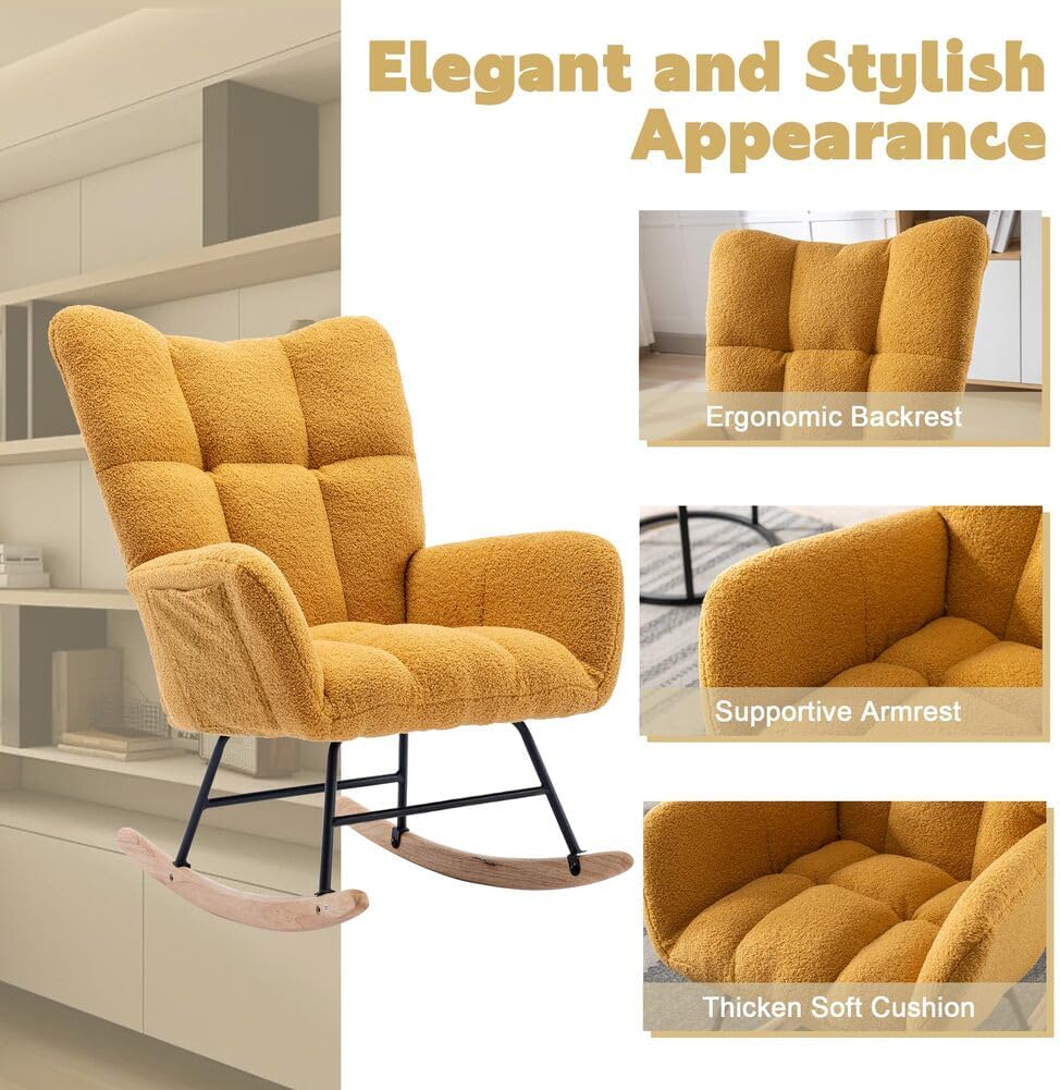 Nursery Rocking Chair Teddy Upholstered Glider Rocker Rocker Accent Chair with High Backrest Armchair Comfy Side Pocket Modern Rocking Accent Chairs for Living Room, Nursery, Office-Green