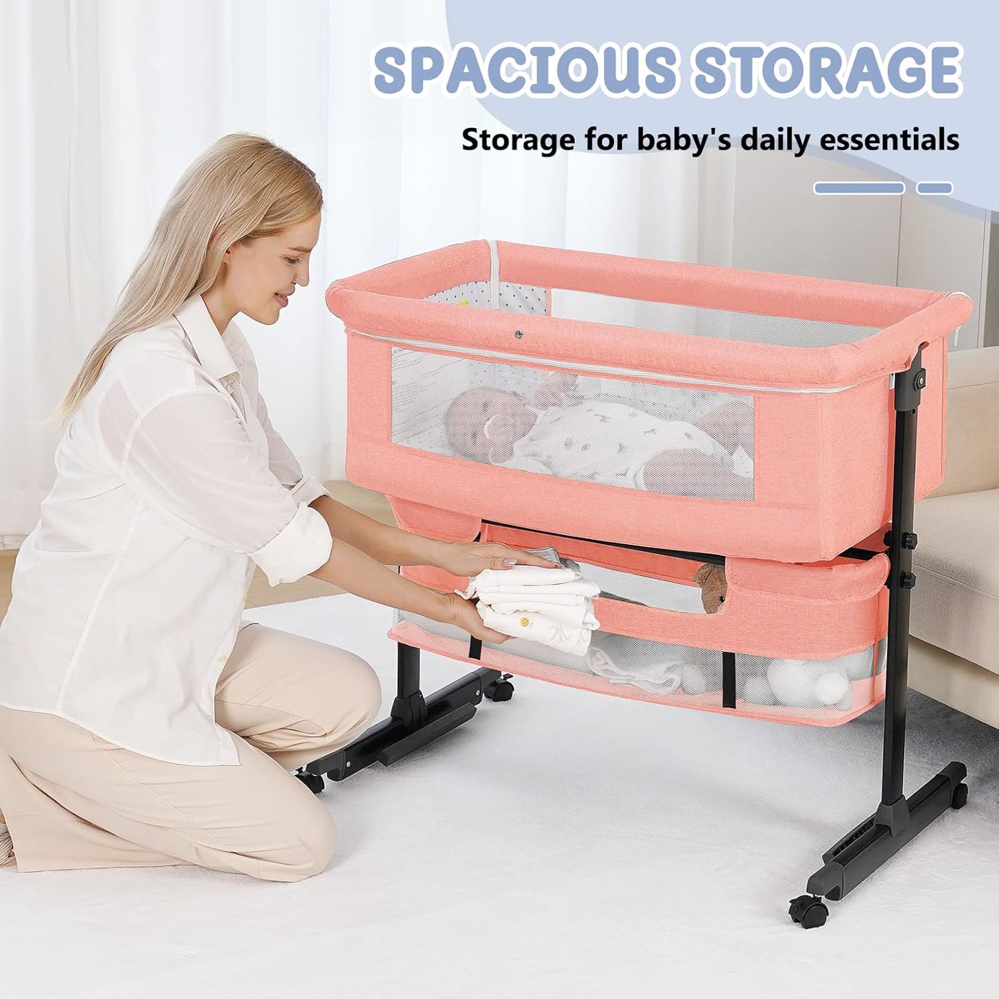Semphis Baby Bassinet, 3 in 1 Bassinets Bedside Sleeper, Adjustable Height Bedside Sleeper with Rocking Mode, Breathable Mesh, Storage Basket, Wheels, Easy Assemble & Folding (Gray)