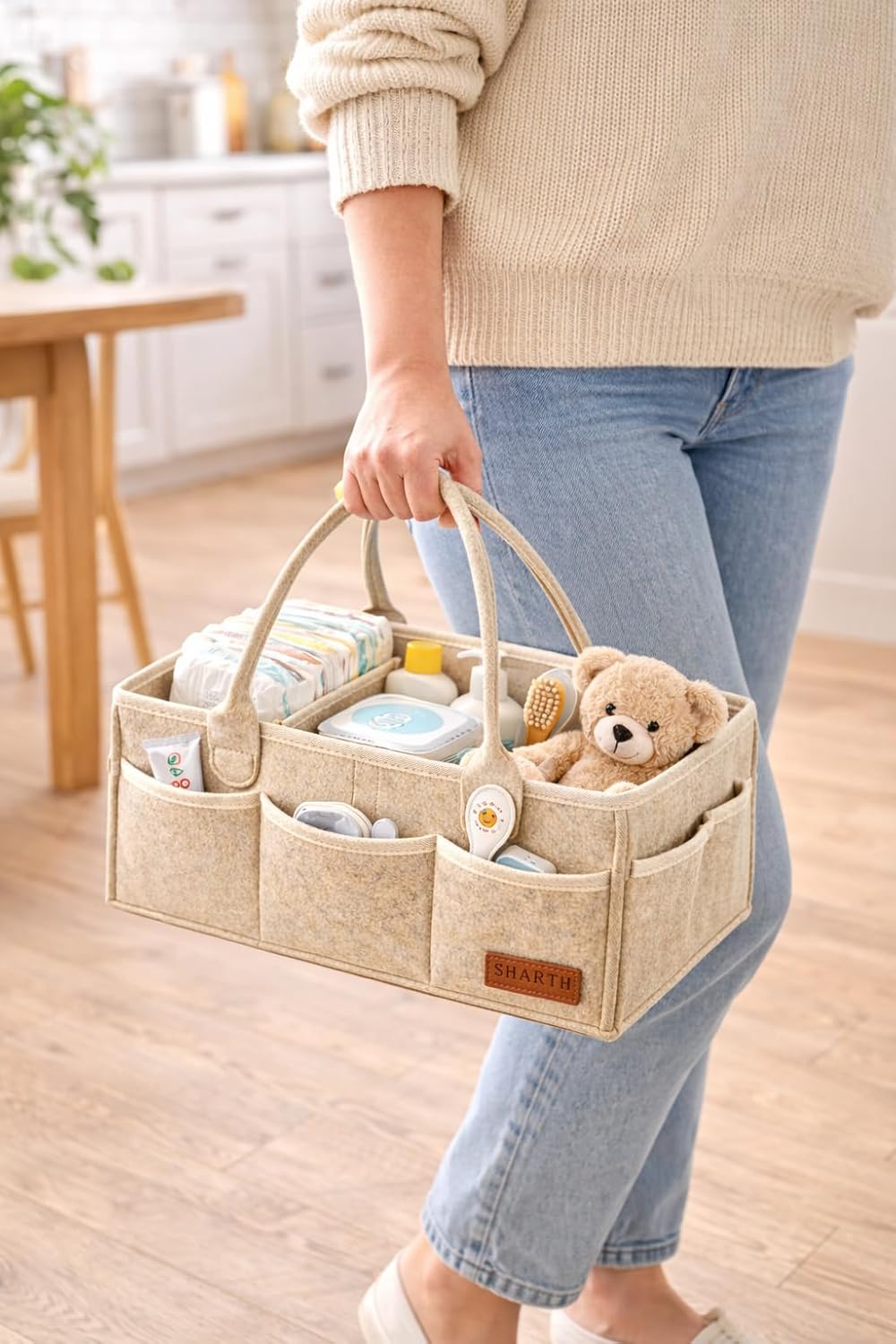 Sharth Baby Diaper Caddy Organizer with Handle, Baby Shower Gifts Basket Bag, Registry Search Must Haves Items, Nursery Storage Organizer for Newborn Girl Boy, Car Diaper Caddy (Gray)