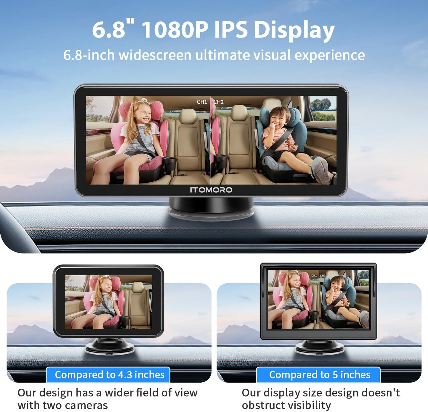 Itomoro Baby Car Camera Dual-Channel 6.8 inch HD 1080P Display with 2 IR Night Vision, Baby Car Mirror Easily Install Car Camera for Baby with Crystal Clear Wide View for Rear Facing Seat