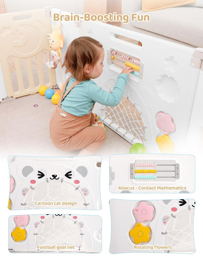Baby Playpen, Dripex Baby Playard for Babies and Toddlers, 14-Panel Foldable Playpen Adjustable Portable Play Area, Indoor/Outdoor Kids Active Center with Game Panel & Safety Gate, Grey White