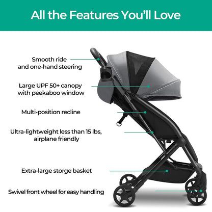 Mompush Lithe, Lightweight Stroller, Compact One-Hand Fold Luggage-Style Travel Stroller for Airplane Friendly, Reclining Seat and XL Canopy, with Rain Cover & Travel Carry Bag & Cup Holder