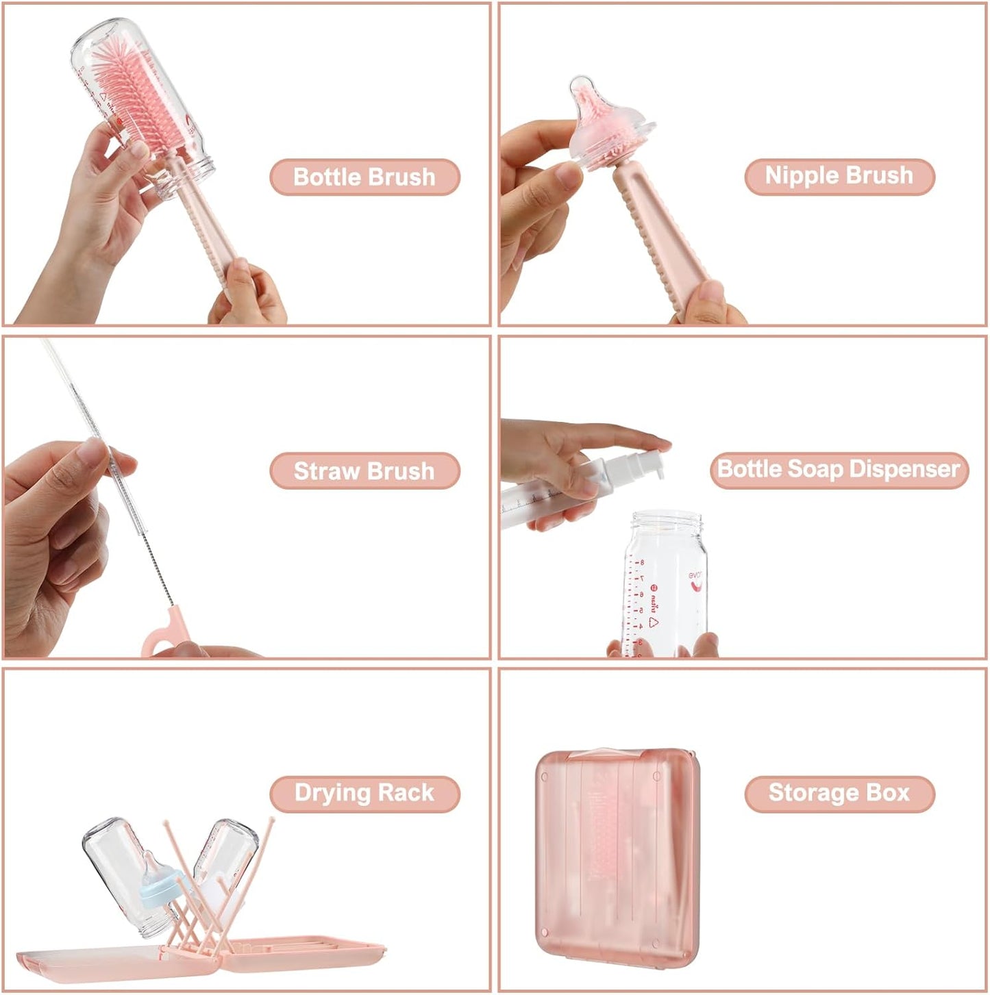 6 in 1 Cleaning Brush Set with Silicone Bottle, Nipple, Straw, Soap Dispenser, Drying Rack for Baby and Water Bottles, Space Saving Essentials for Home and Travel