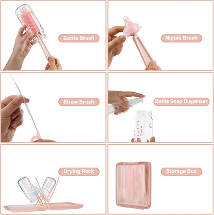 6 in 1 Cleaning Brush Set with Silicone Bottle, Nipple, Straw, Soap Dispenser, Drying Rack for Baby and Water Bottles, Space Saving Essentials for Home and Travel