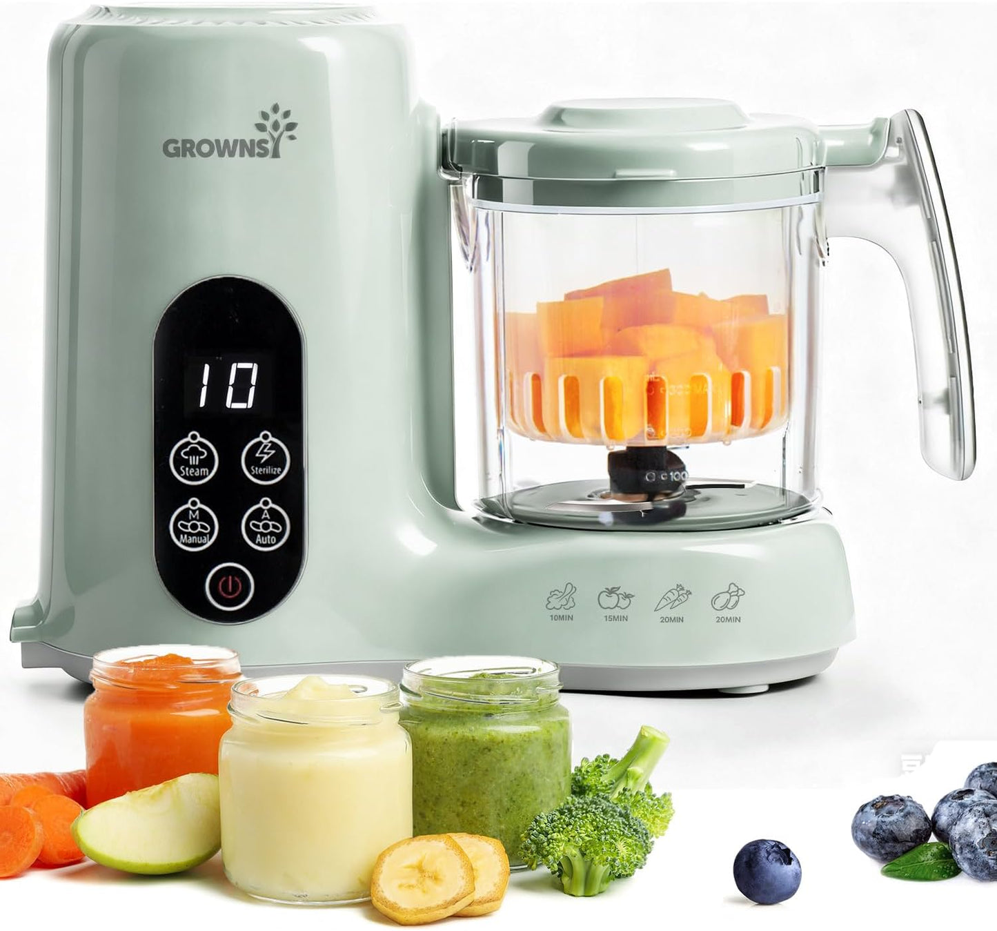 Grownsy Baby Food Maker with Steam Basket, One Step Baby Food Processor Steamer Puree Blender Grinder Mills Machine, Auto Cooking Grinding and Sterili-zing for Healthy Homemade Baby Food, Blue
