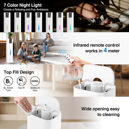 Honovos Smart Humidifiers Large Room Bedroom Home, 2.11Gal(8L) Quiet Top Fill Cool Mist Humidifier, Smart App & Remote Control, 3 Speed Humidifier with 360° Nozzle, Humidity Setting for Baby Office