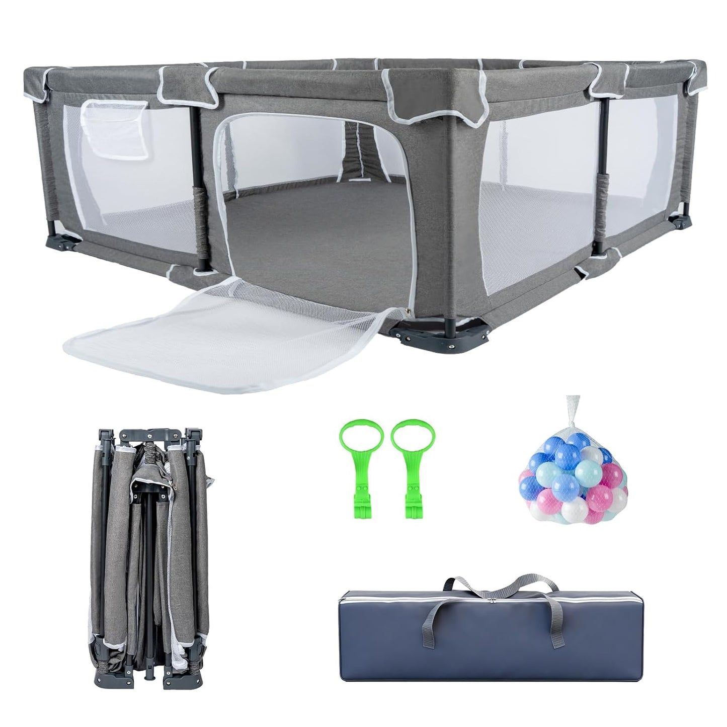 Foldable Baby Playpen,PlayPens for Babies and Toddlers，Indoor Outdoor Safety Play Area, Portable Child Activity Large Collapsible Play Yard，Folding Fence (Cationic Fabric-Grey, 50"x50")