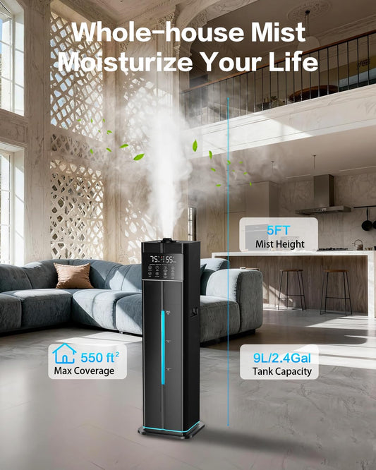Cool Mist Humidifiers for Bedroom, Ultrasonic 2.4Gal 9L Quiet Top-Fill, Easy Clean with Essential Oil Tray, 360°Nozzle, 4 Speed, Remote, 60H Runtime, for Baby, Adults, Plants, Home, House, Large Room