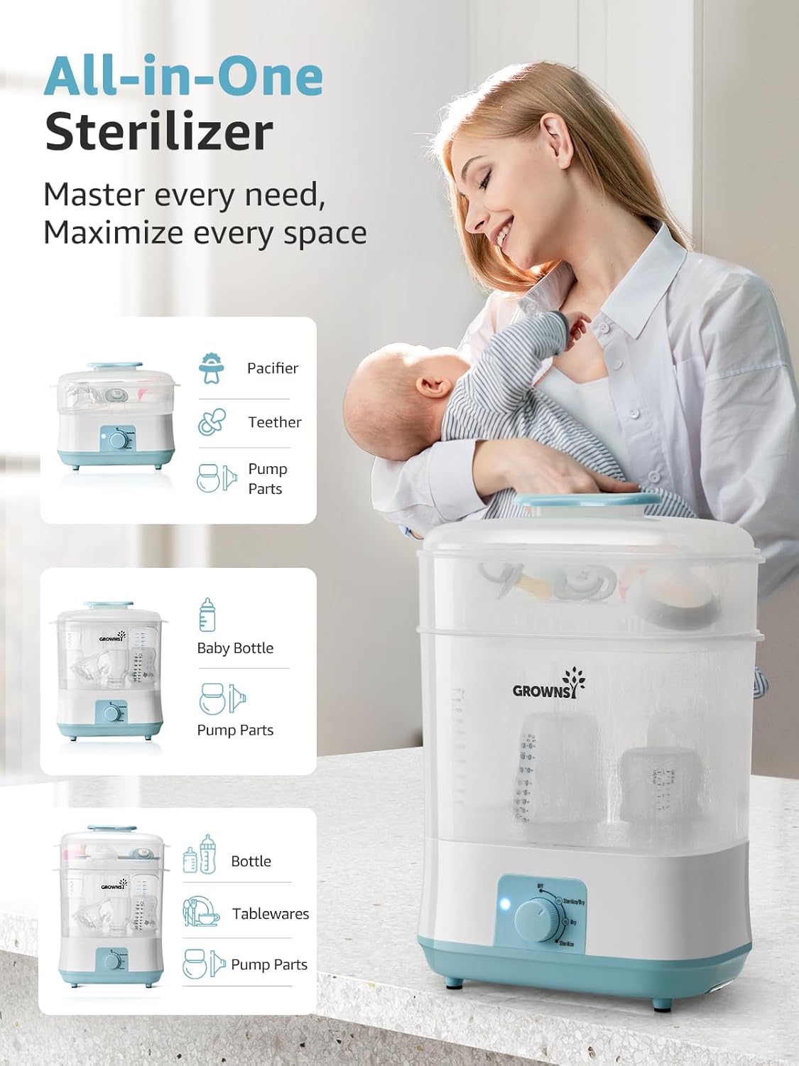 Grownsy Adjustable 4 in 1 Large Bottle Sterilizer and Dryer, 8 Bottles Capacity,Electric Steam Baby Bottle Sterilizer, Sanitizer for Baby Bottles & Pacifiers, Breast Pump Parts