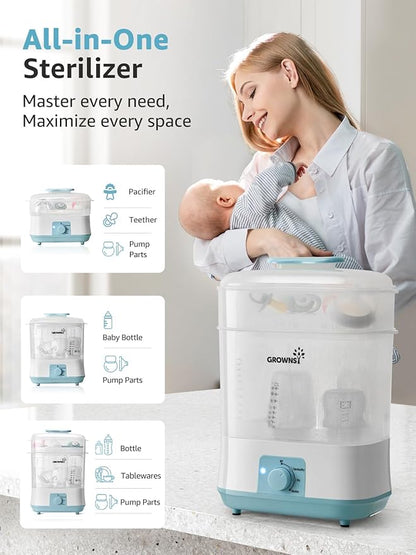 Grownsy Adjustable 4 in 1 Large Bottle Sterilizer and Dryer, 8 Bottles Capacity,Electric Steam Baby Bottle Sterilizer, Sanitizer for Baby Bottles & Pacifiers, Breast Pump Parts Blue