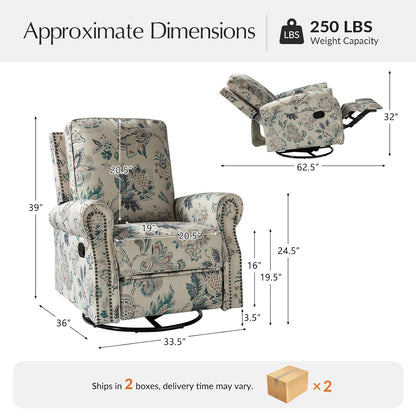 HULALA Home Modern Rocker Recliner, Printed Fabric Swivel Glider with Adjustable Backrest & Footrest, JEACOBEAN