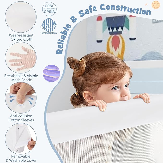 BABY JOY Double Sided Bed Rail Guard, 2 Pack, Extra Long, Swing Down for Convertible Crib, Folding Baby Safety Bedrail for Kids Twin Full Size Queen King Mattress, Rails for Toddlers (White, 47")