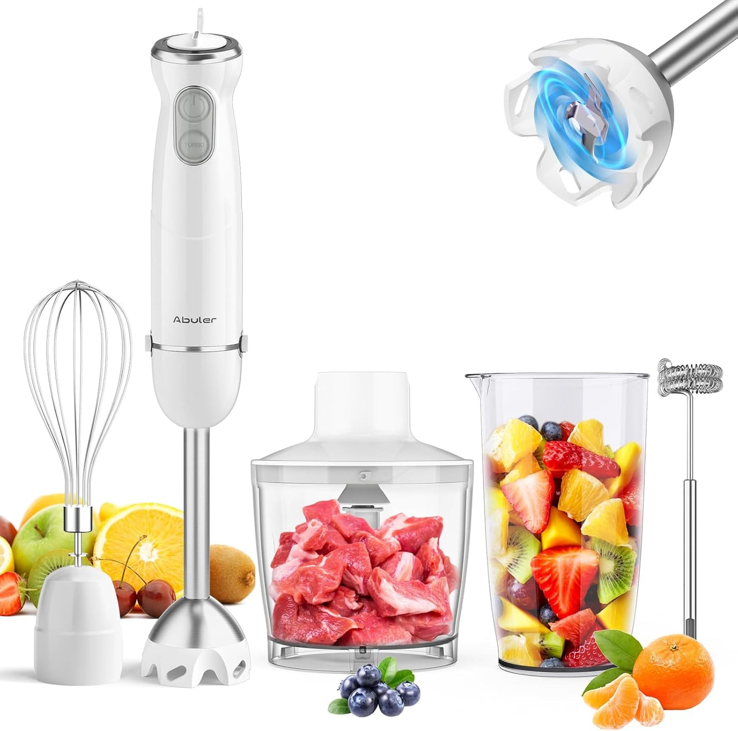 Immersion Blender Handheld 5 in 1 Hand Blender, 1000W Hand Mixer Stick, BPA-Free 12 Speed Handheld Blender 304 Stainless, Beaker, Chopper, Whisk and Milk Frother, Soup, Smoothies, Baby Food, Sauce