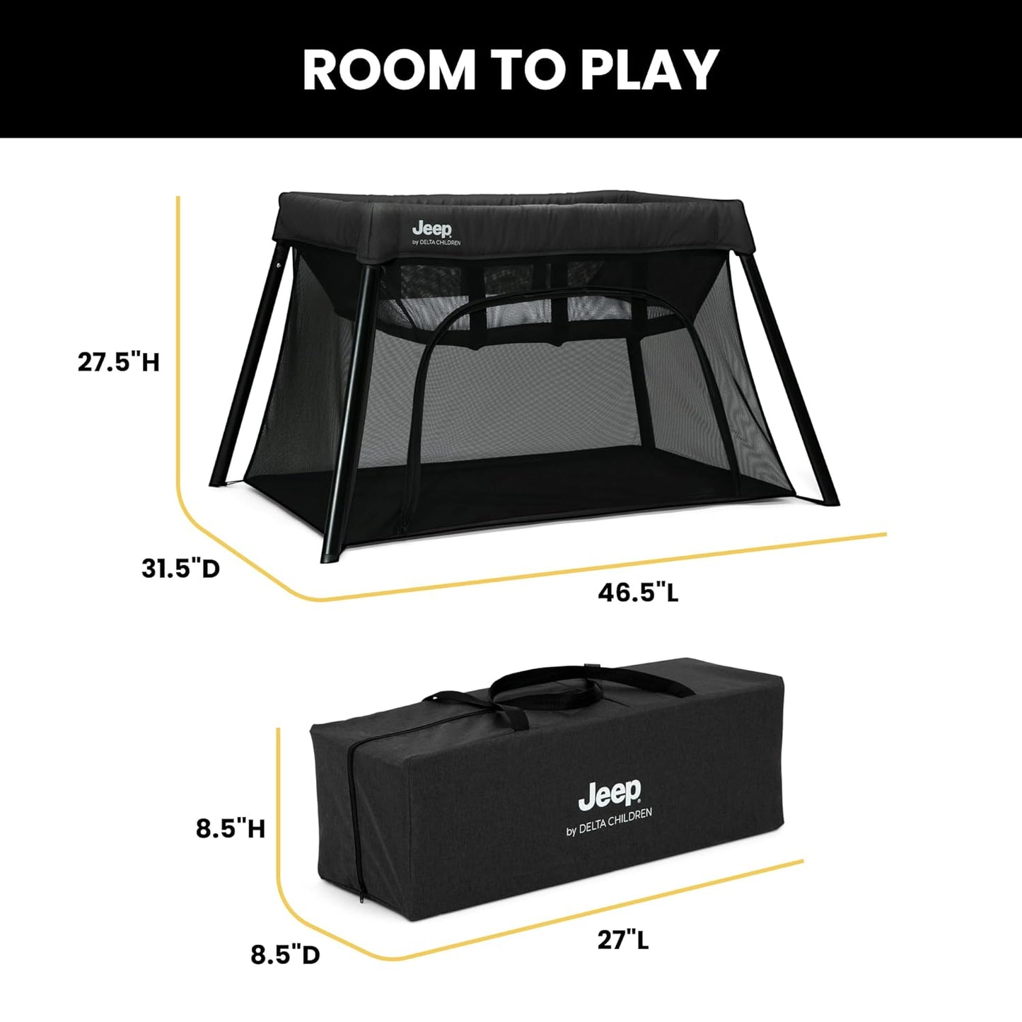 Jeep Horizon Compact Travel 2-in-1 Play Yard and Bassinet, Black